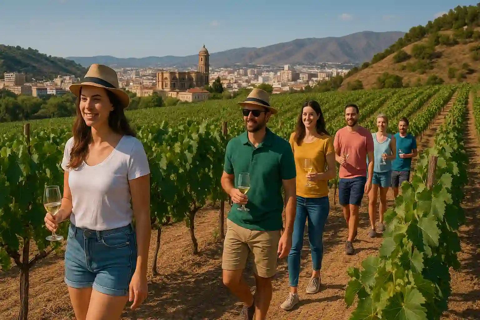 Málaga vineyard landscape with vineyards, olive trees and rolling Andalusian hills