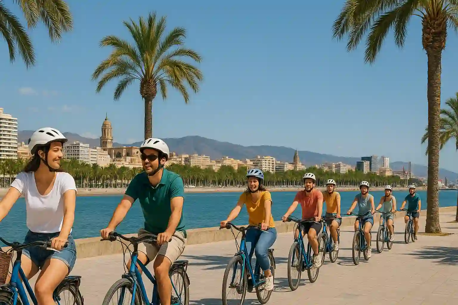 Cyclists on Málaga’s seafront promenade near La Malagueta and the port