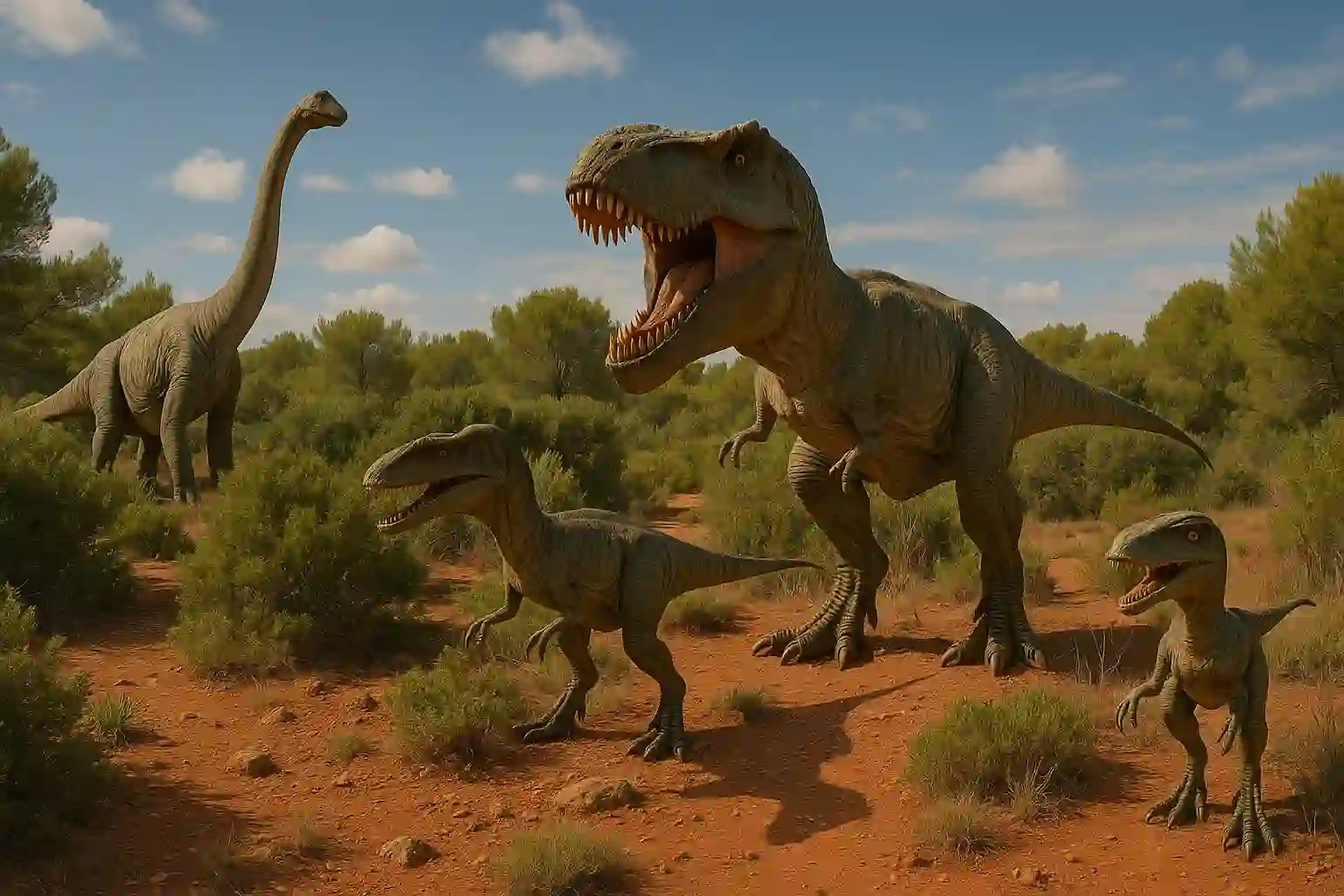Family walking past life-size dinosaur models before visiting the illuminated Caves of Hams near Porto Cristo, Mallorca