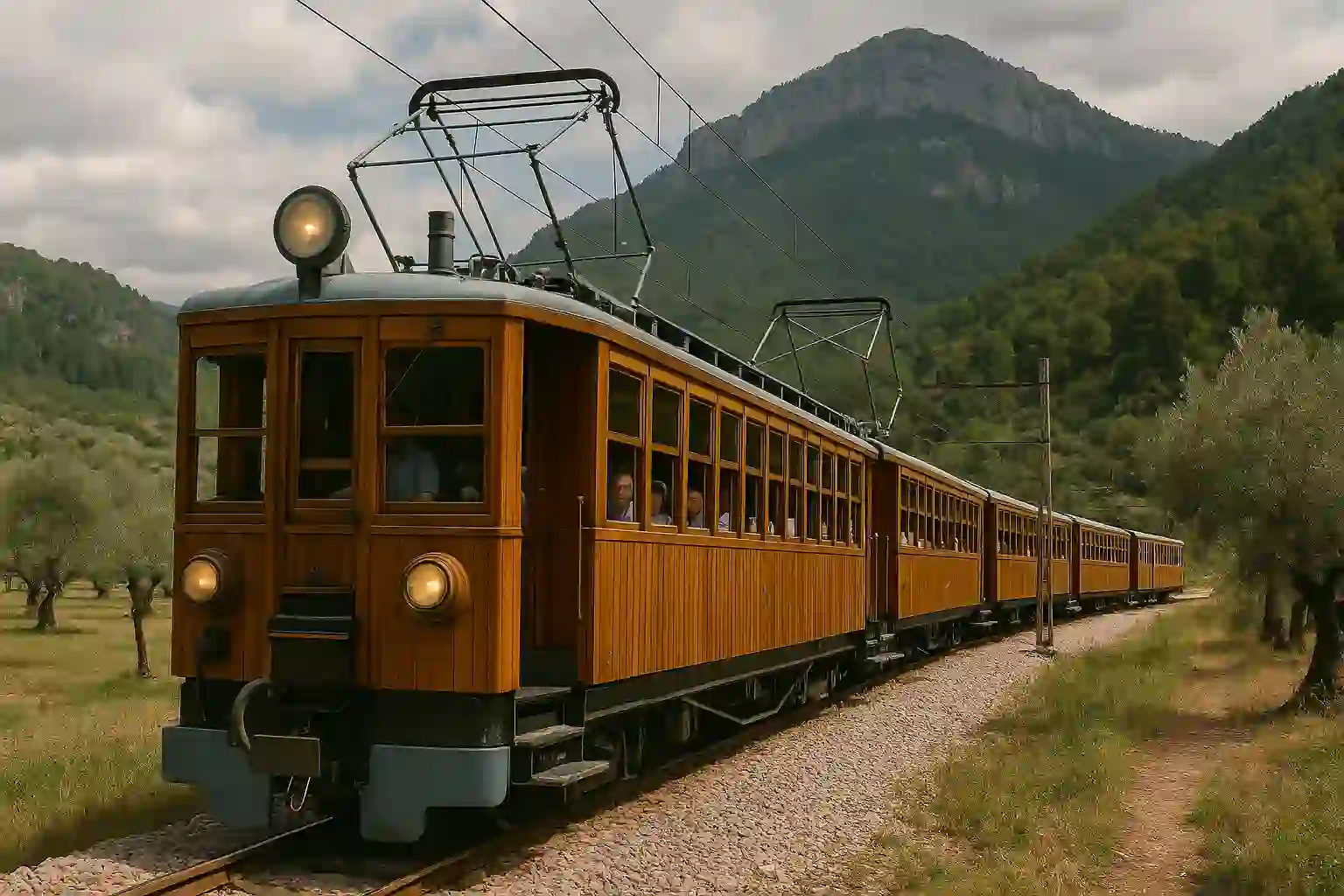 Vintage wooden train crossing Mallorca’s countryside with Tramuntana mountains behind