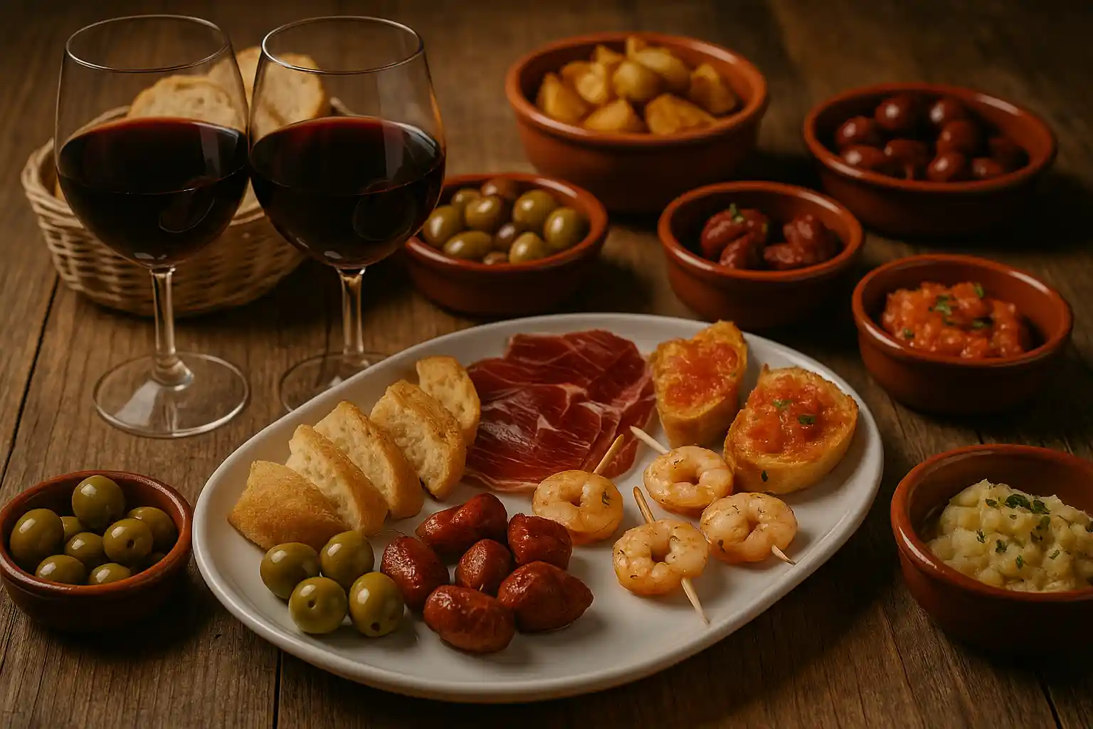 Tapas and wine spread on a wooden table in Palma de Mallorca