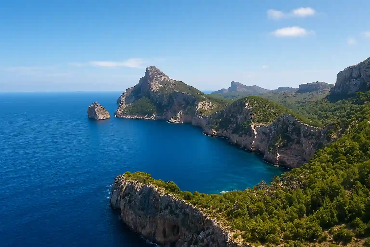 Tramuntana ridge above a quiet bay on Mallorca with evening light