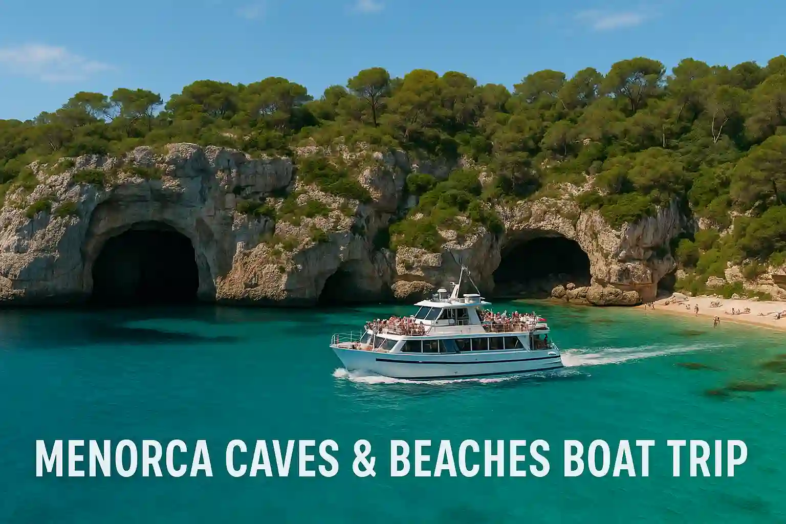Boat cruising past limestone coves and turquoise water on Menorca