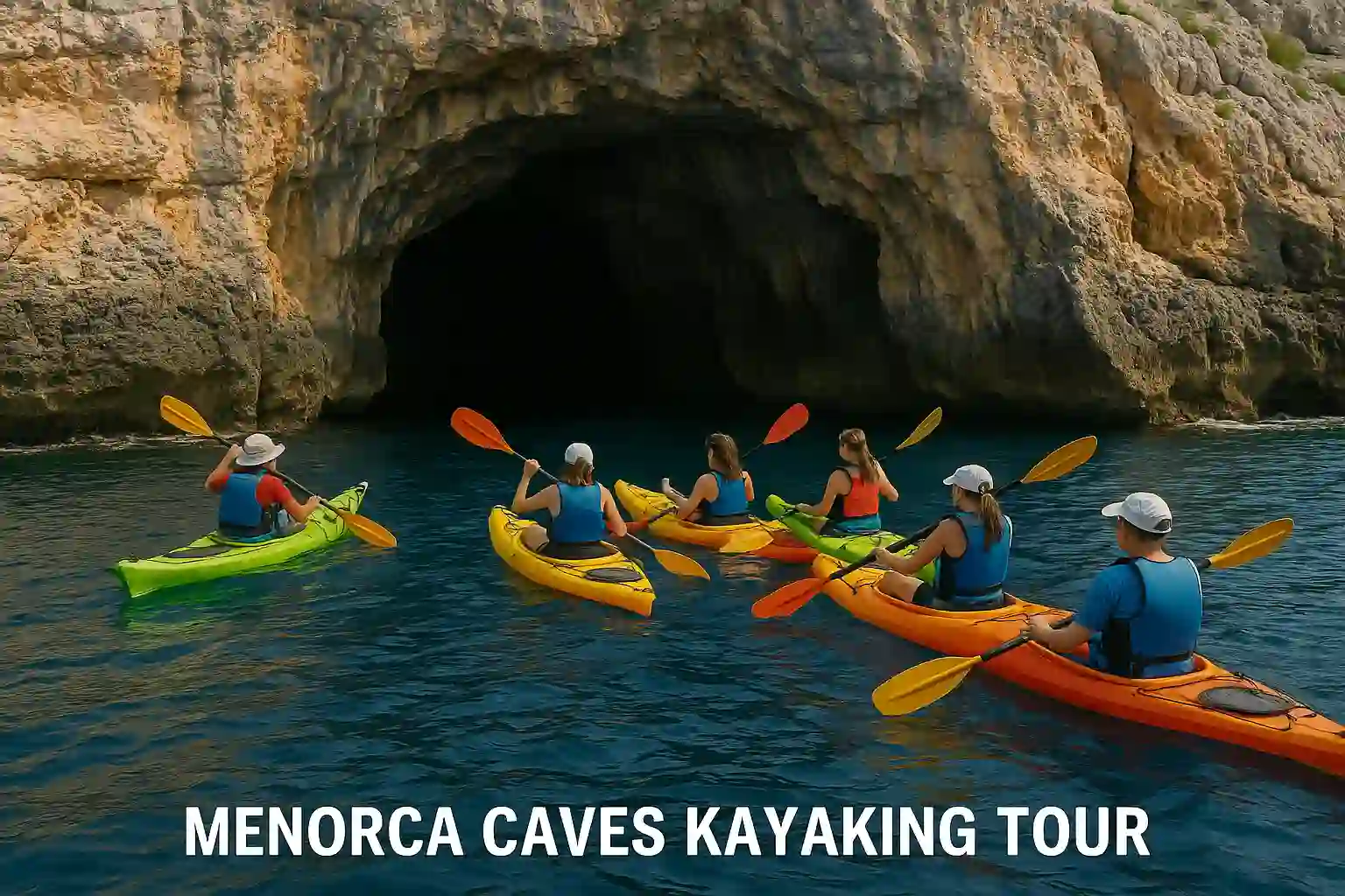 Small group kayaking along Menorca’s limestone coast into a blue-lit sea cave