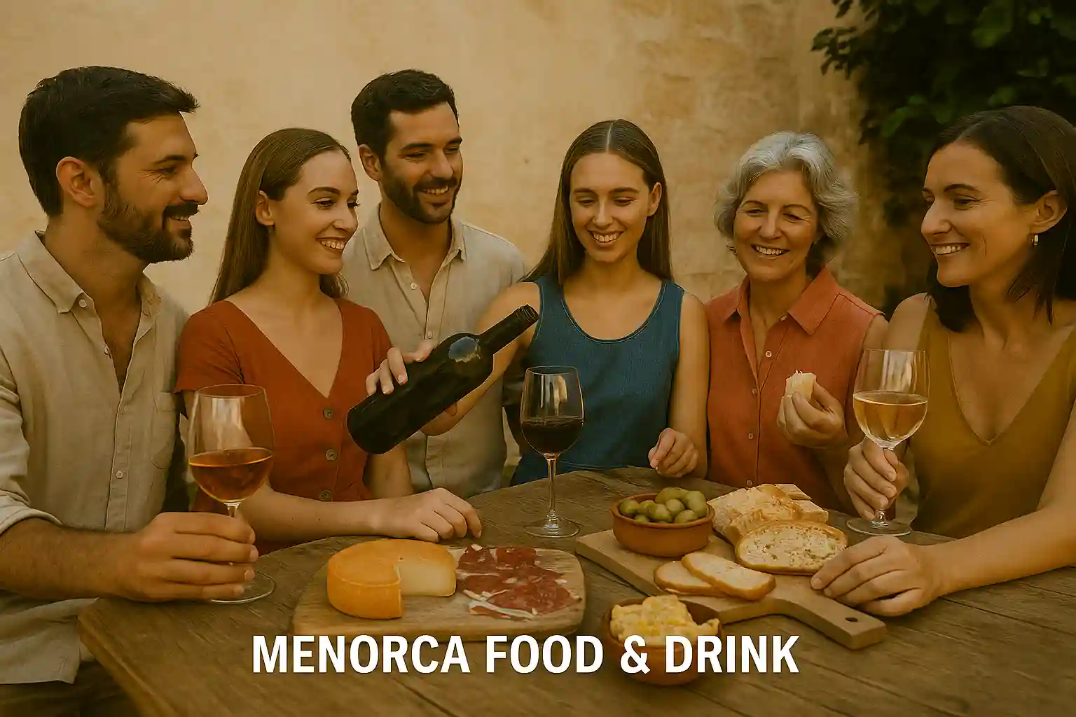 Selection of Menorcan food and drinks: Mahón cheese, sobrasada, lobster stew, local wine and gin with lemon