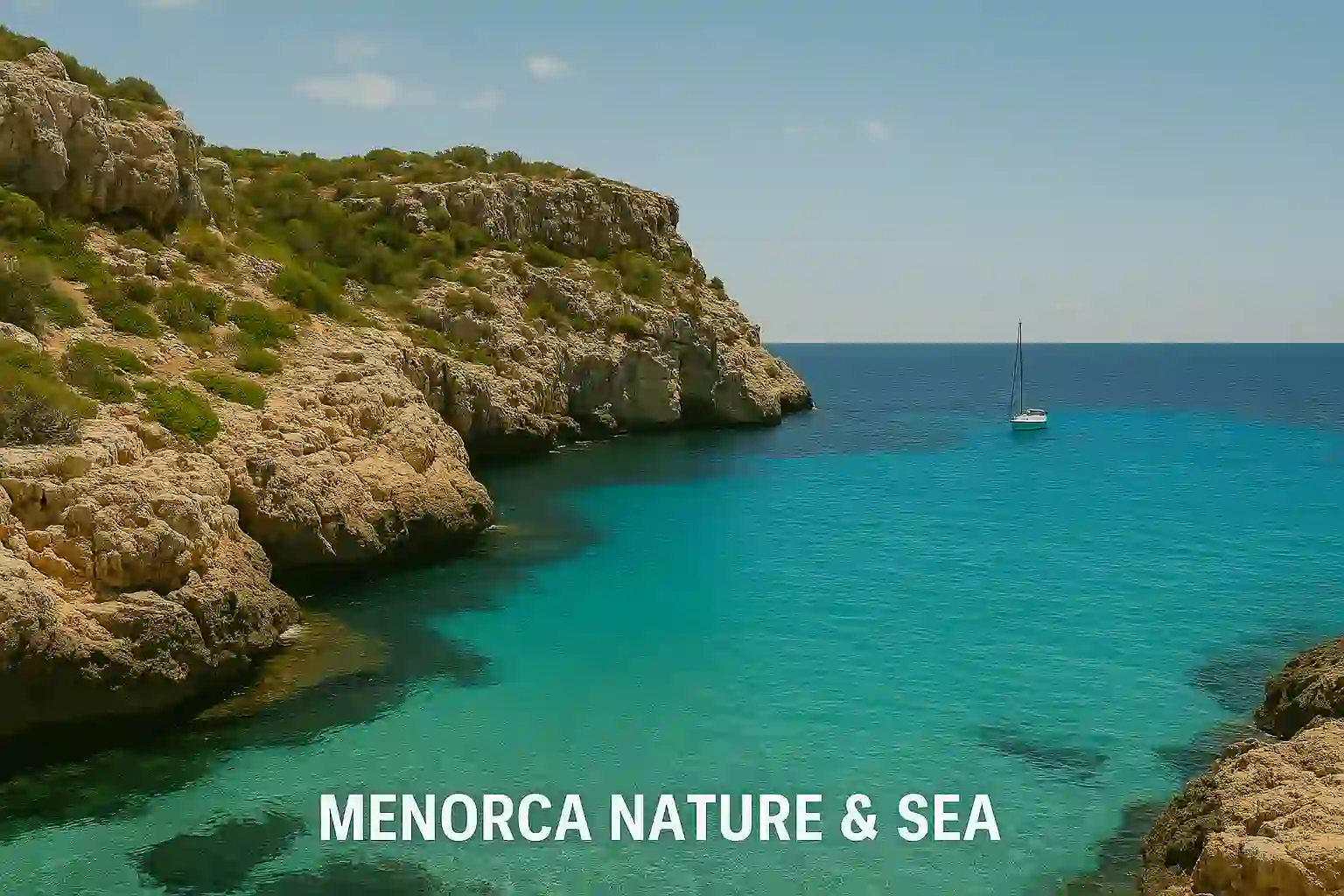 Menorca coastline with turquoise coves, limestone cliffs, sea caves and Mediterranean scrub