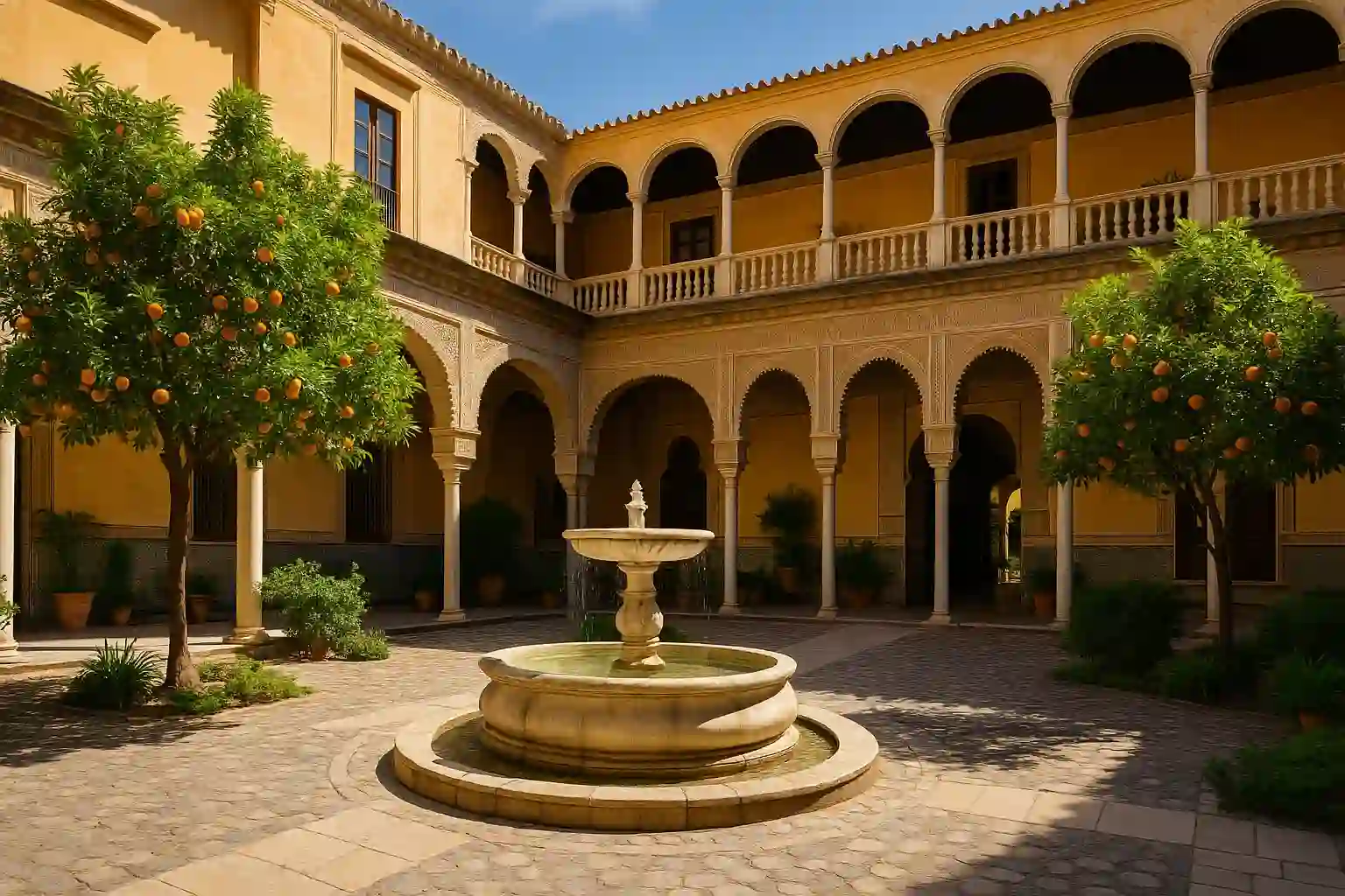 Elegant courtyard and gardens of Palacio de las Dueñas showcasing Renaissance and Mudéjar architecture