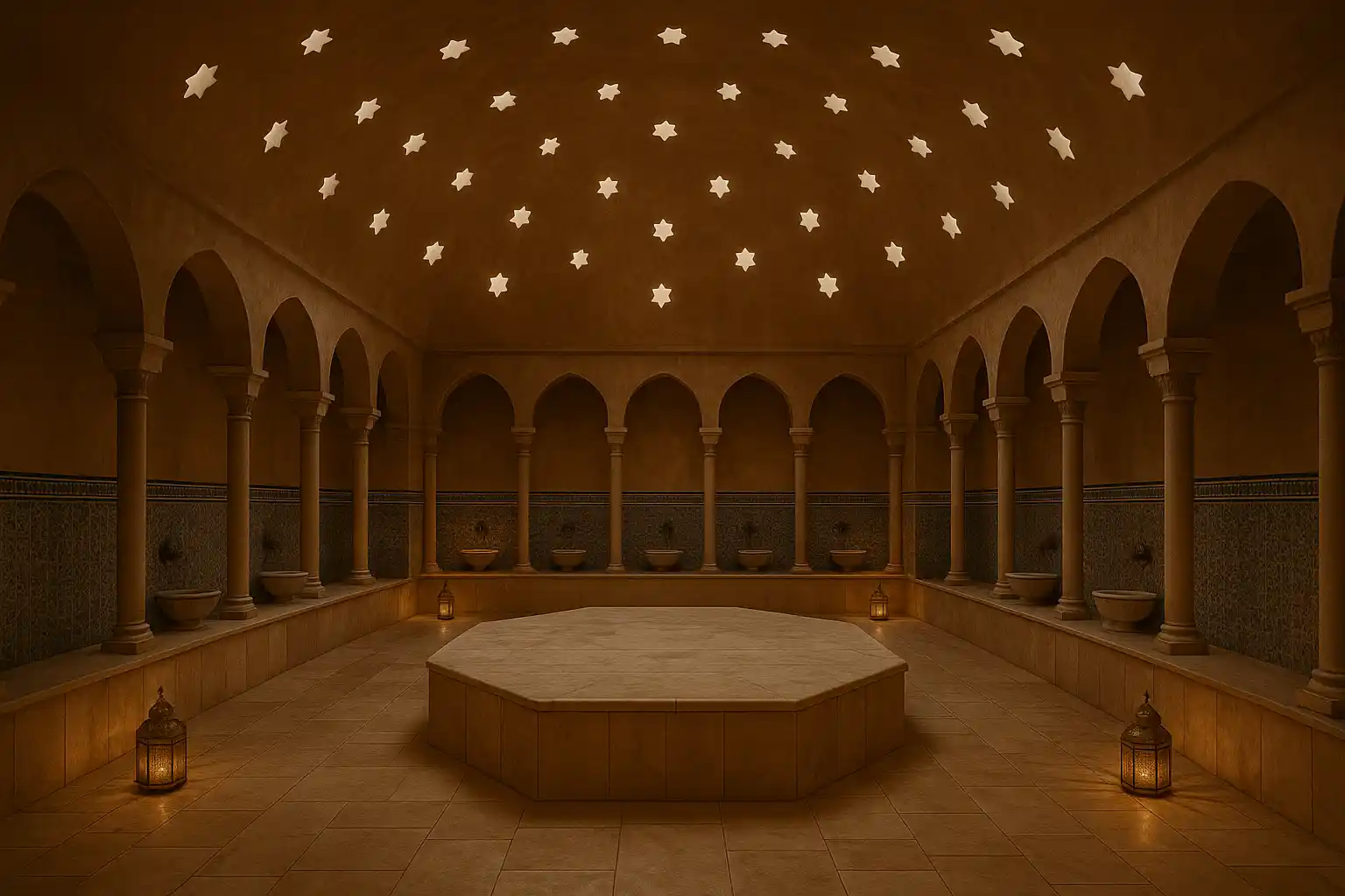 Softly lit hammam bath in Palma de Mallorca with warm marble and steam rising in the air