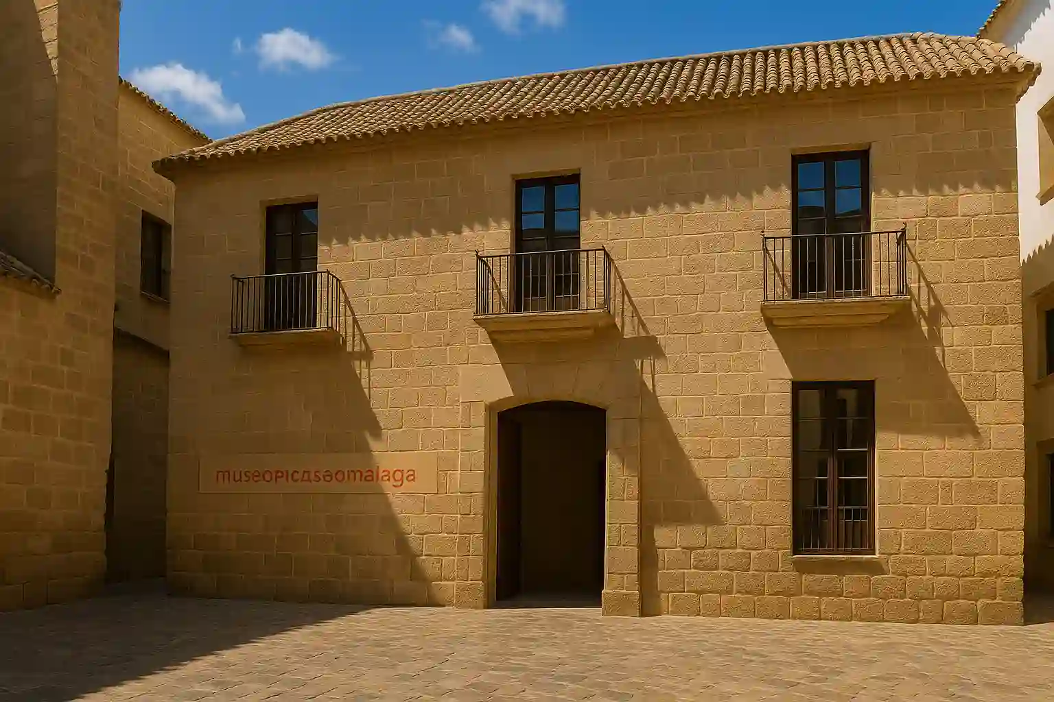 Entrance of the Picasso Museum in Málaga with soft light and calm courtyard atmosphere