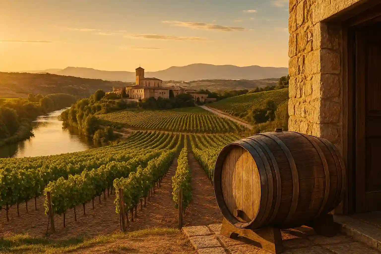 Rows of vines and a stone winery in Ribera del Duero at golden hour