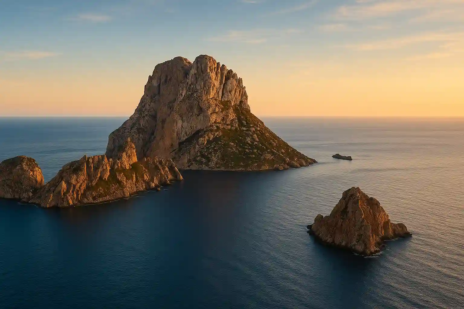 Boat cruising from San Antonio toward Es Vedrà and Formentera with snacks and drinks on deck