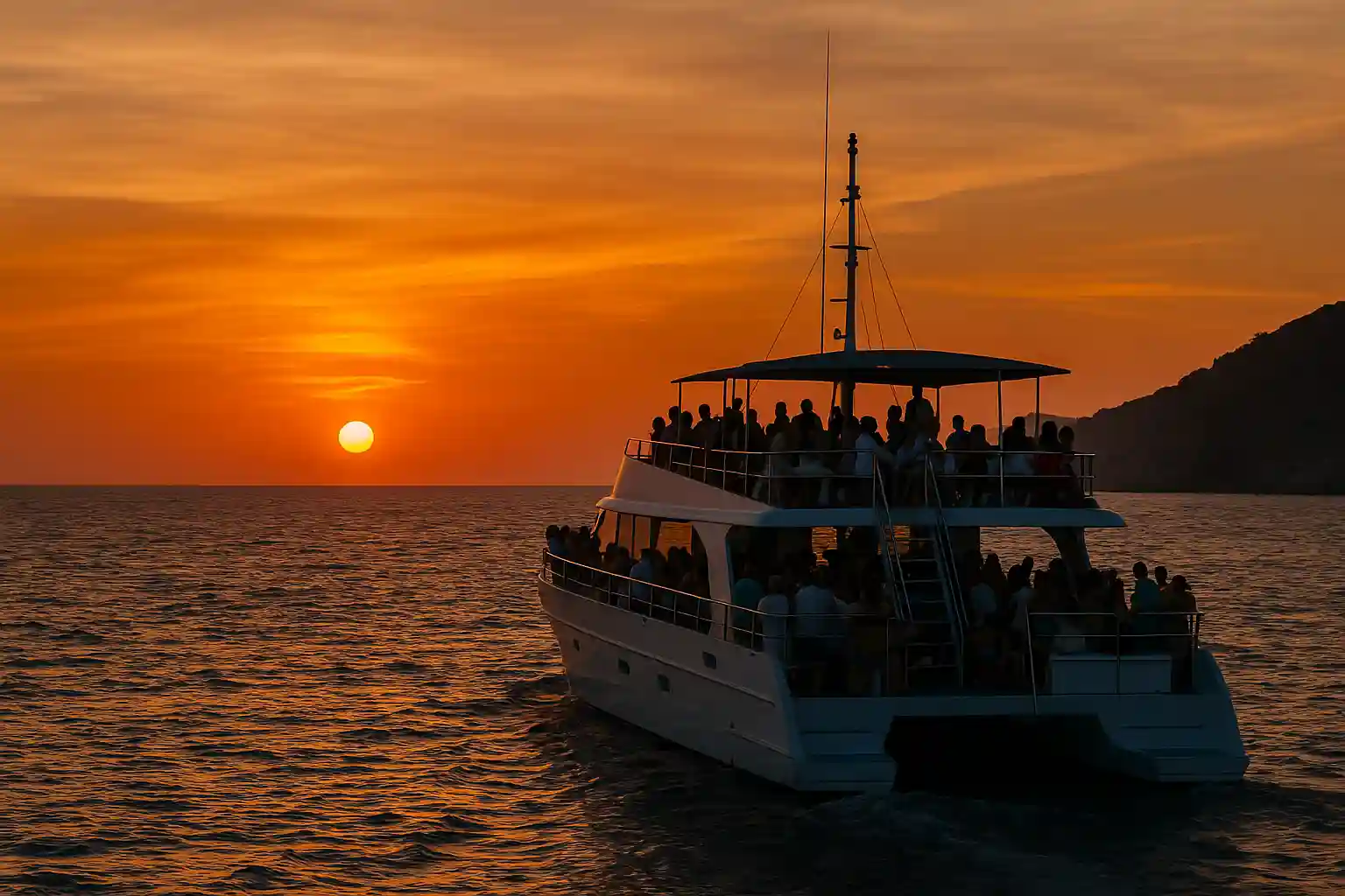 Boat at sunset leaving San Antonio, Ibiza, with live music and guests enjoying drinks on deck