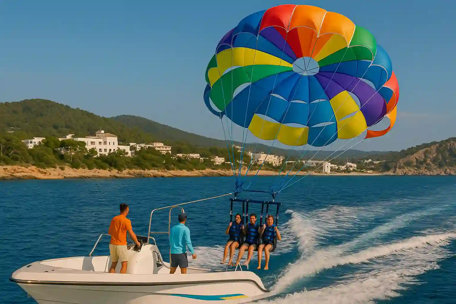 Parasailing boat off Santa Eulària des Riu with colorful chute and Ibiza coastline in the background
