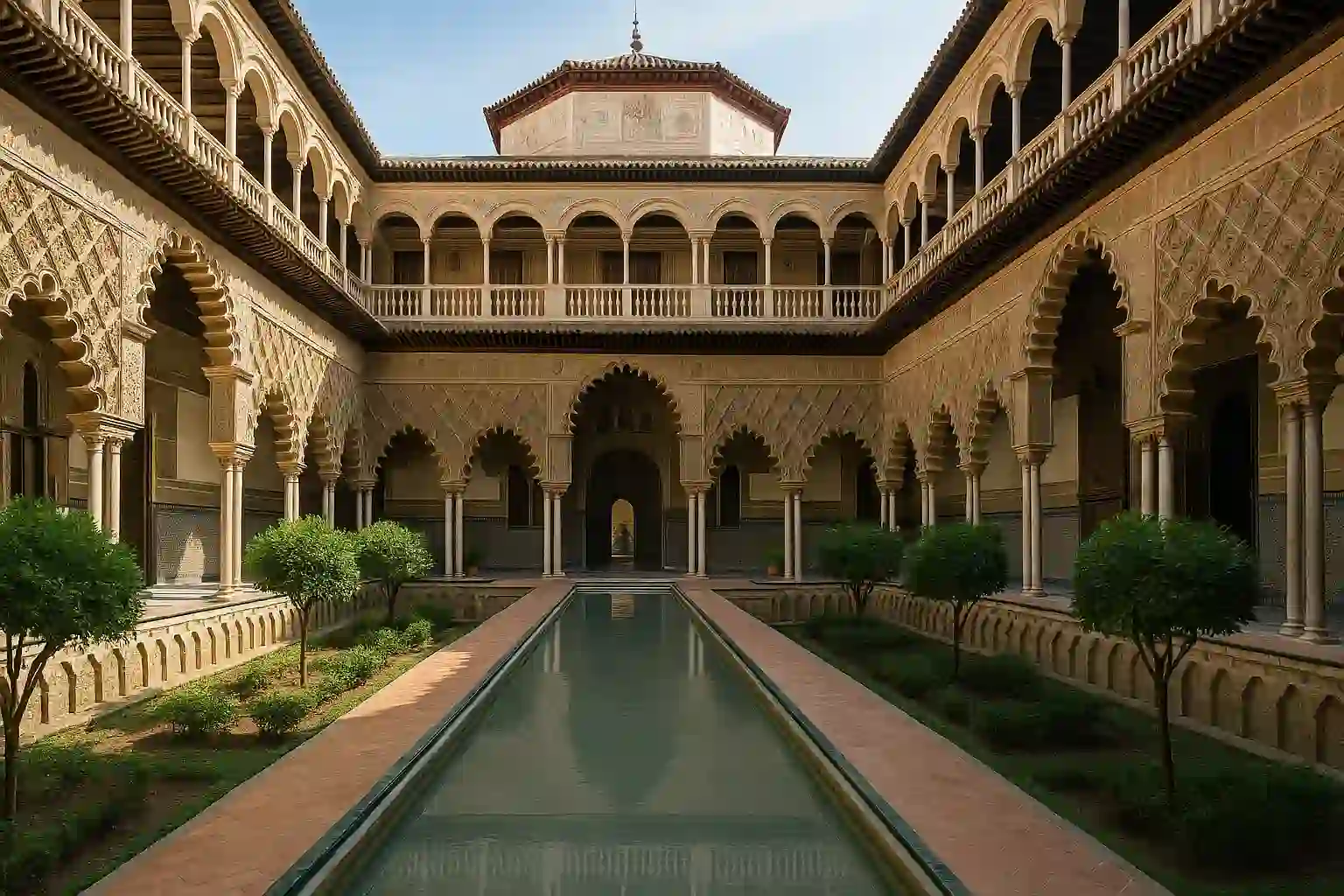 Ornate Mudejar arches and tilework at the Royal Alcázar of Seville