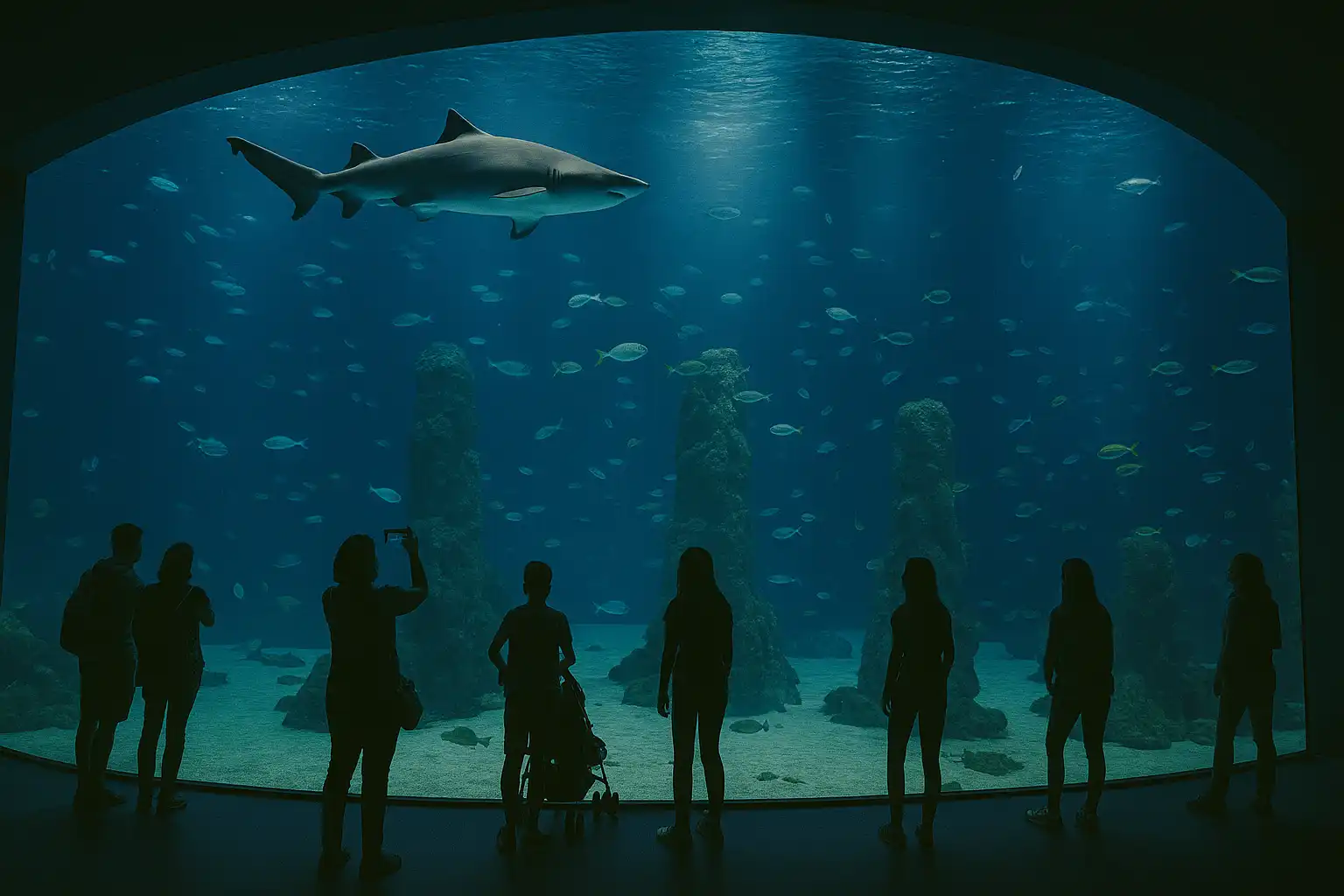 Visitors viewing marine life through large aquarium tank at Seville Aquarium