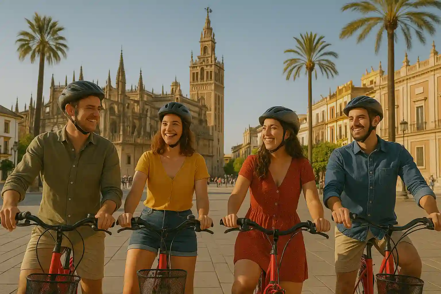 Cyclists riding through scenic Seville streets with historic architecture