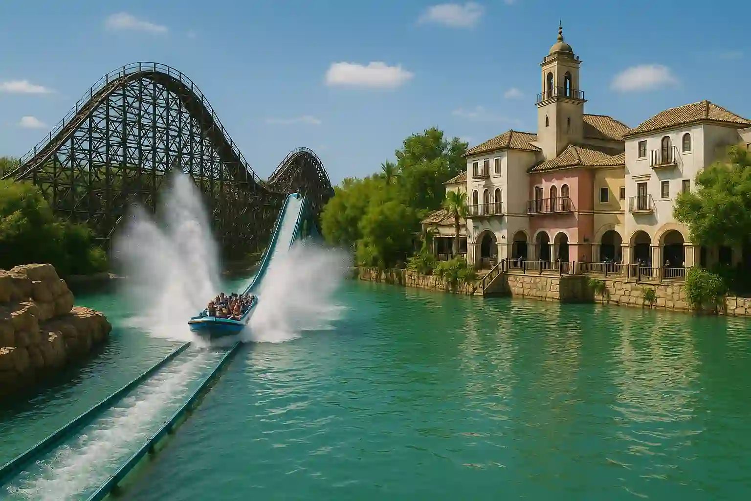 Thrilling roller coaster and water attractions at Isla Mágica theme park