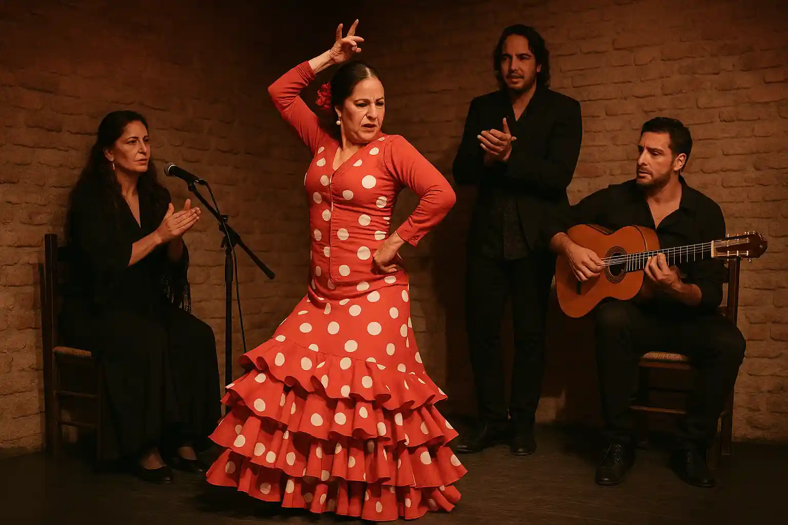 Passionate flamenco dancer in traditional red dress mid-performance