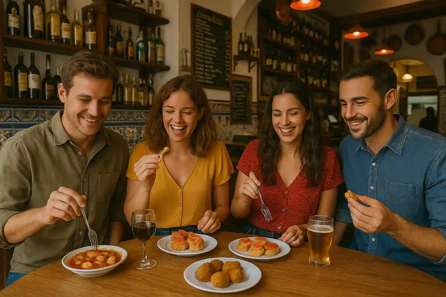 Traditional Spanish tapas spread with local wines in authentic Seville tapas bar