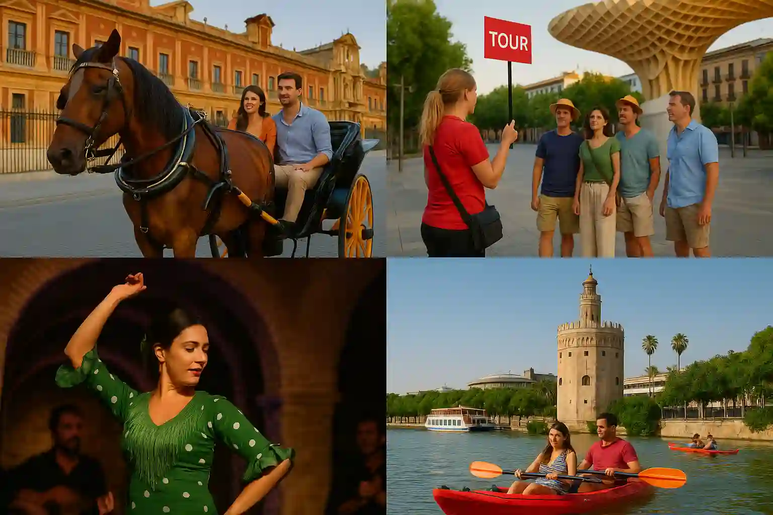 Collage of Seville activities including river cruising, cycling, flamenco and tapas