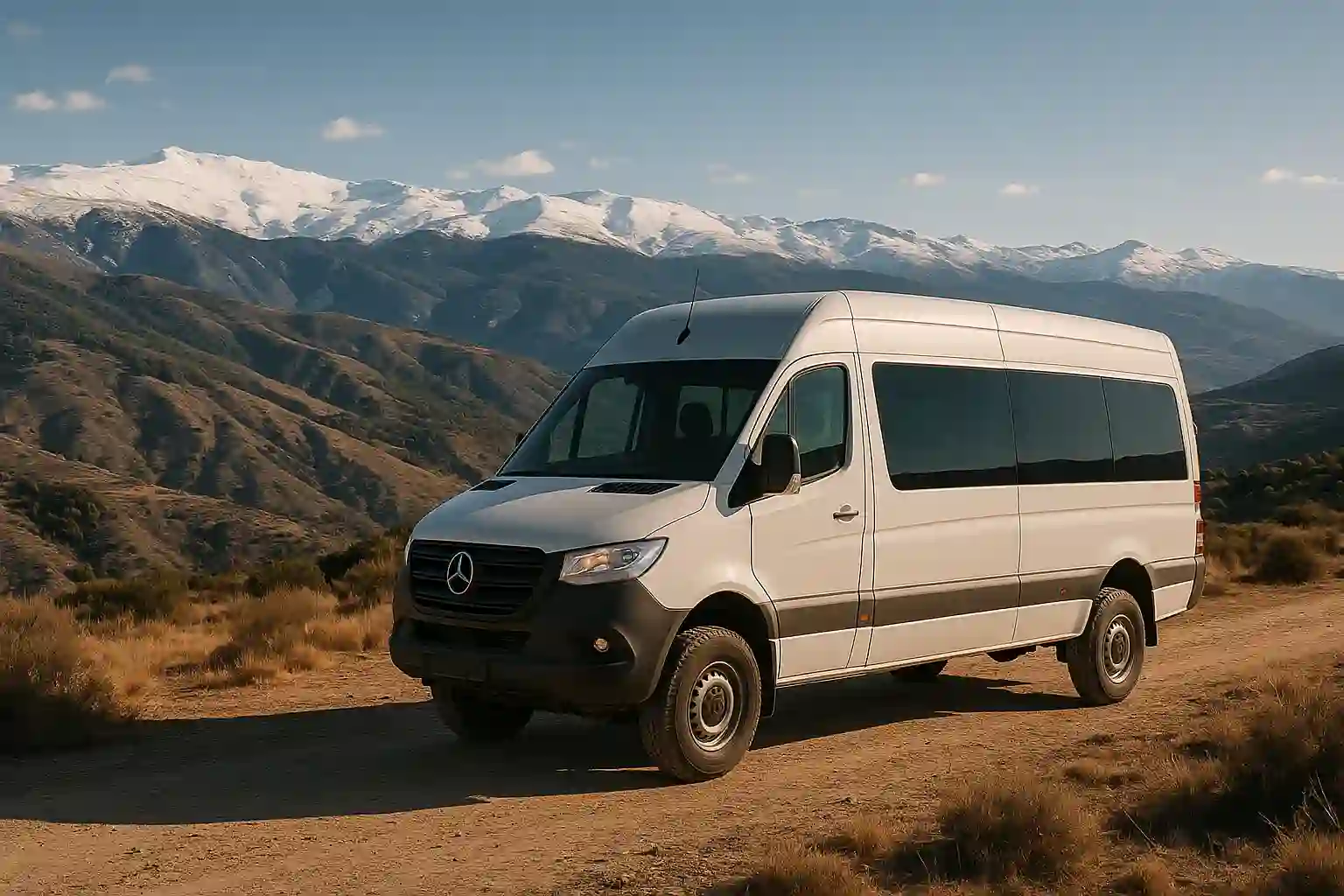 4x4 mountain track above Granada with Sierra Nevada peaks in the background
