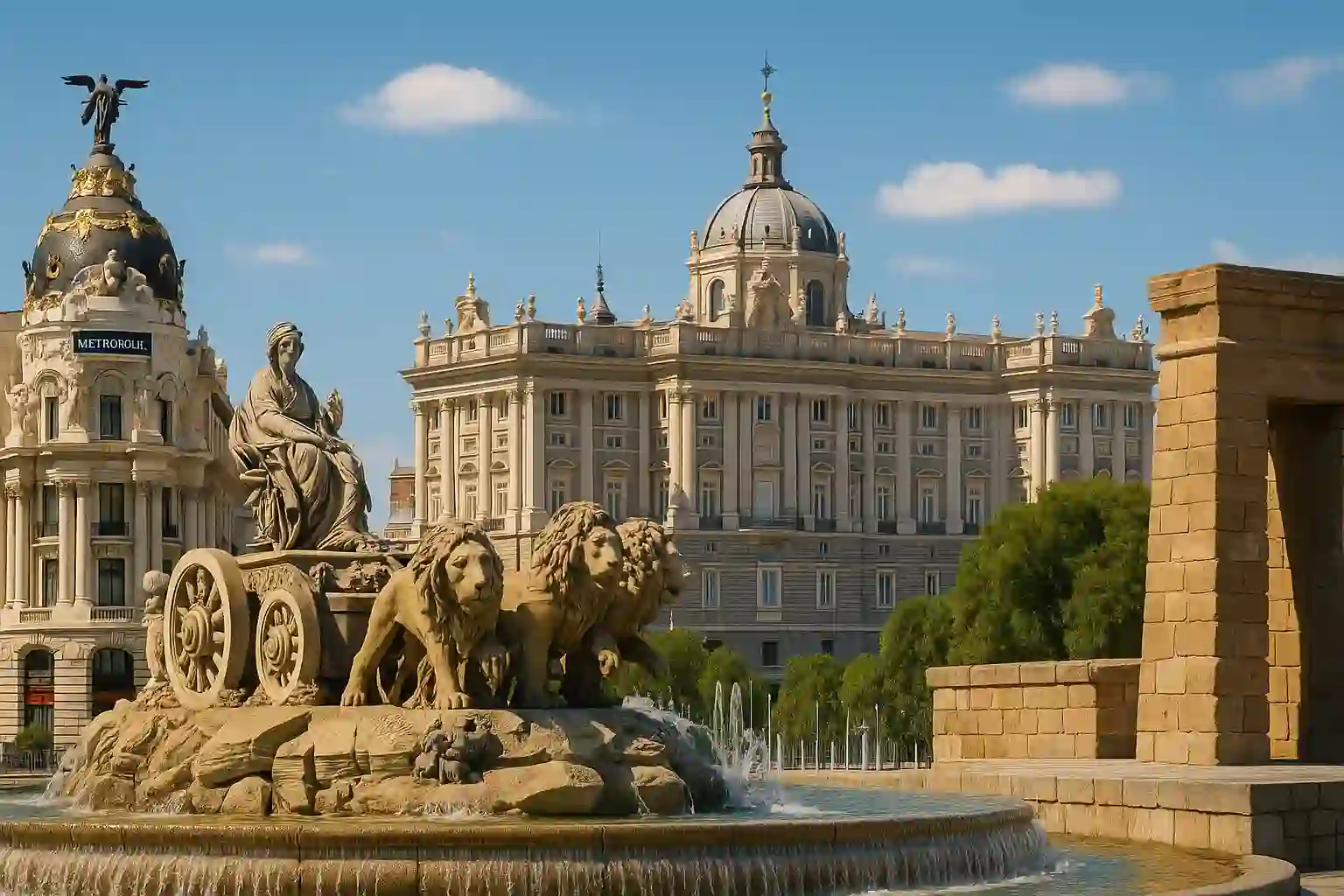 Sights and locations in Madrid with Royal Palace, Cibeles, Metropolis and Temple of Debod