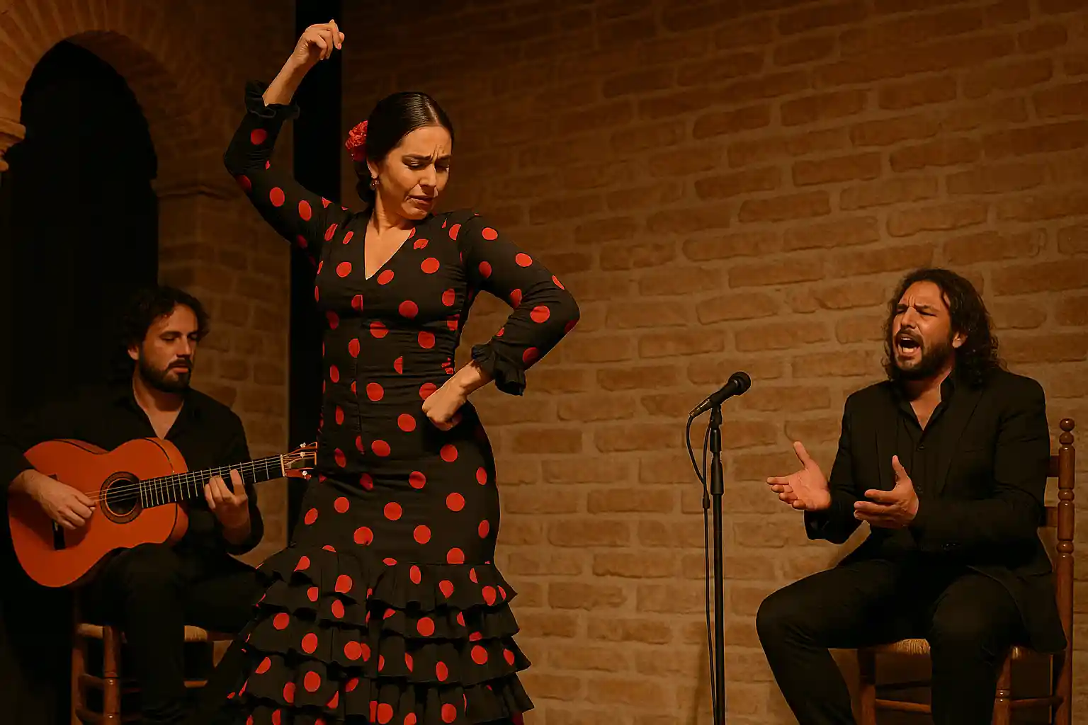 Live Flamenco show in Málaga with passionate dancer and guitarist in warm light