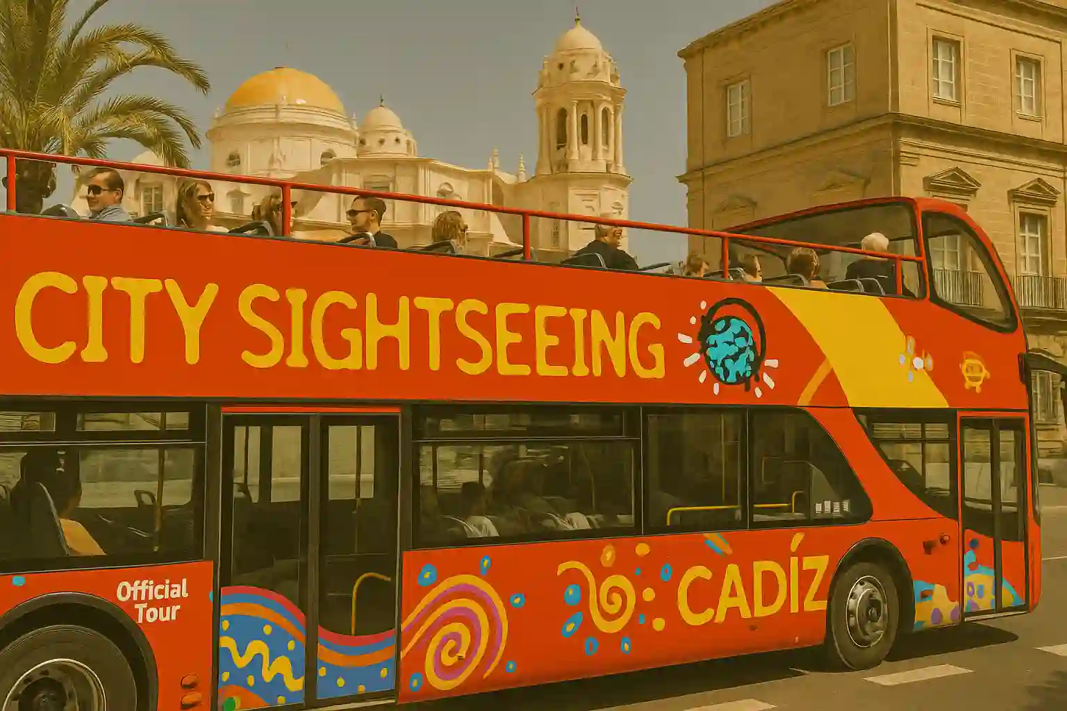 Open-top sightseeing bus touring Cádiz with ocean views and landmarks