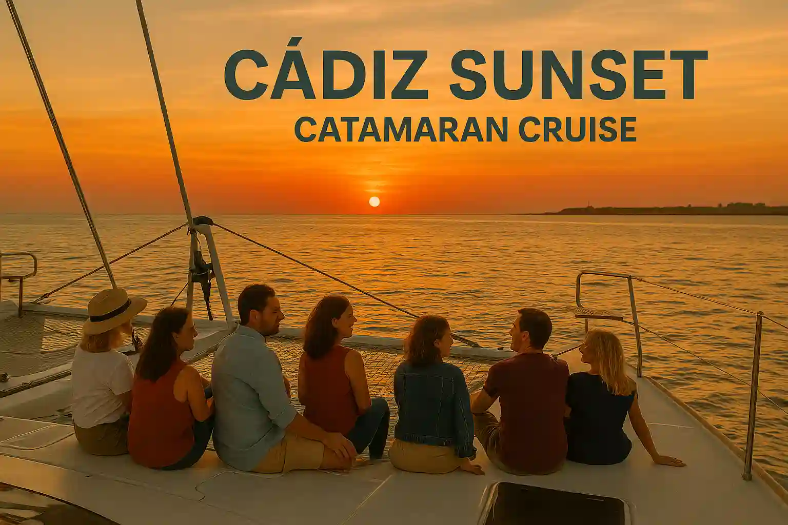 Catamaran cruise in Cádiz at sunset with calm sea and golden sky