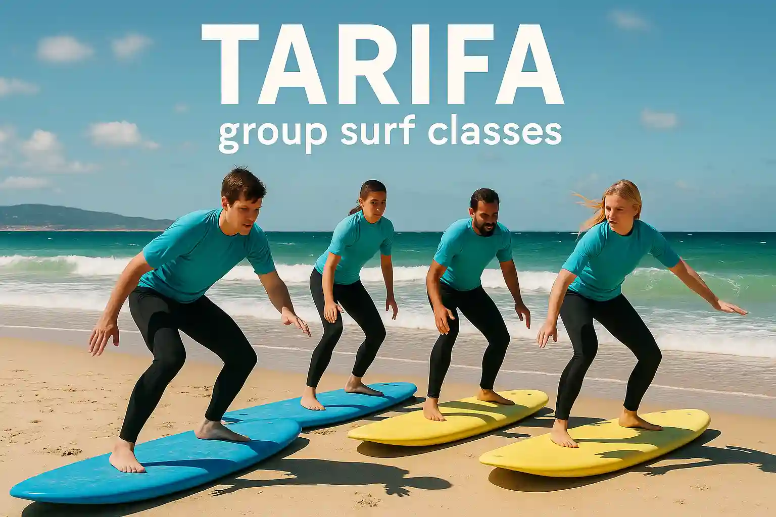 Group surf class on the beach in Tarifa with instructor and students