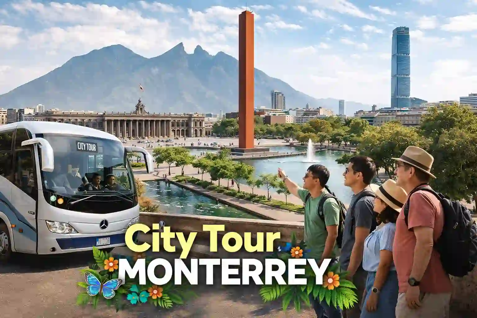 Monterrey city tour: panoramic view of modern skyline with Cerro de la Silla mountain backdrop.