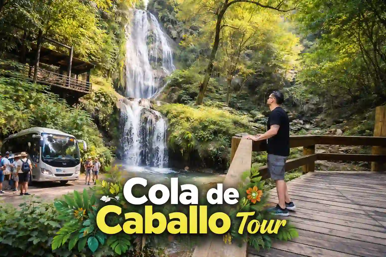 Cola de Caballo waterfall tour: 25-meter cascade flowing through green canyon near Monterrey.