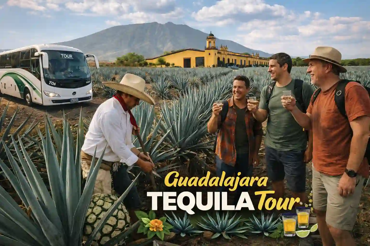 Guadalajara tequila tour: blue agave fields stretching toward mountains with distillery in background.