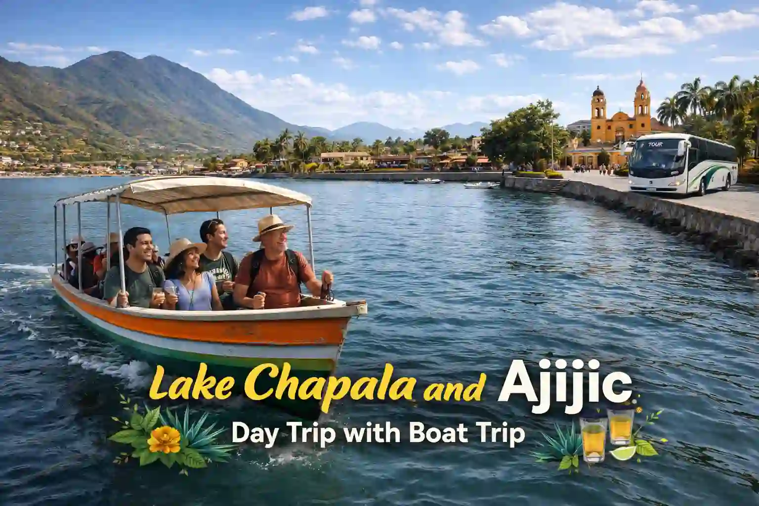 Lake Chapala day trip: mountain-backed lake with traditional boats and Ajijic village shore.