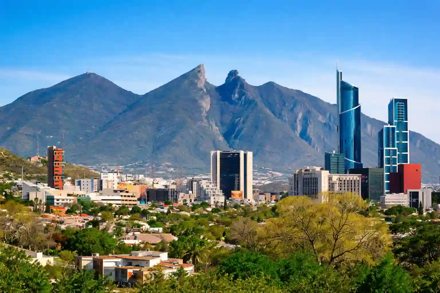 Monterrey travel guide: city skyline with iconic Cerro de la Silla mountain in Nuevo León, Mexico.