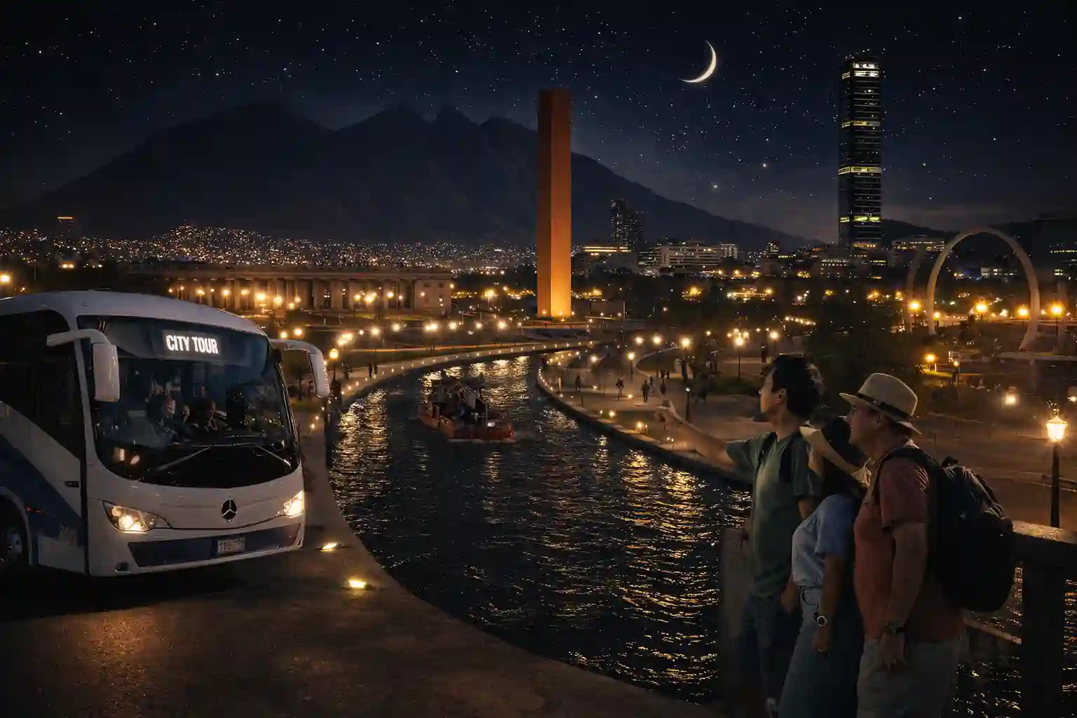 Monterrey night city tour: illuminated Faro del Comercio laser tower and Macroplaza with city lights.