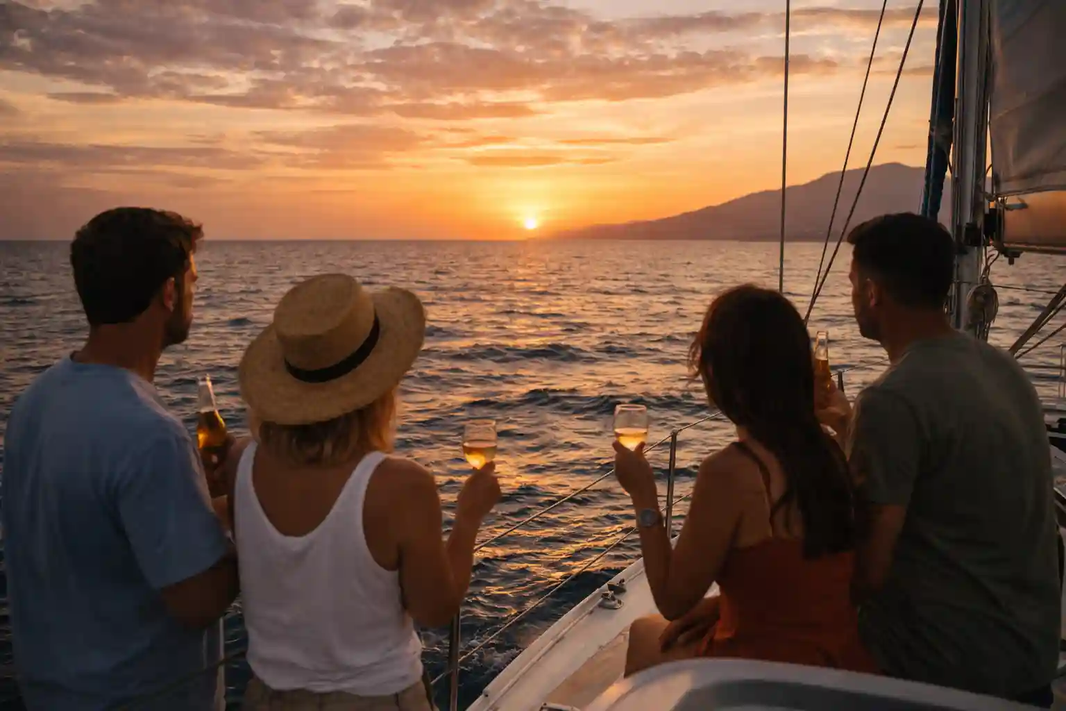 Marbella sunset boat trip: sailboat silhouetted against golden sky with mountains in background.