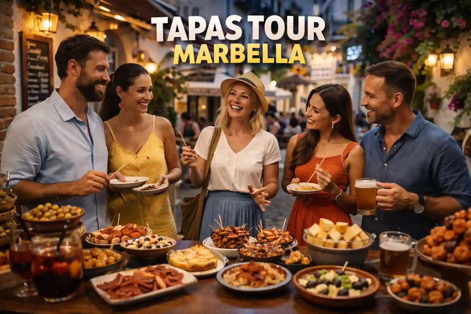 Marbella tapas tour: colorful small plates on traditional ceramic dishes in old town bar setting.