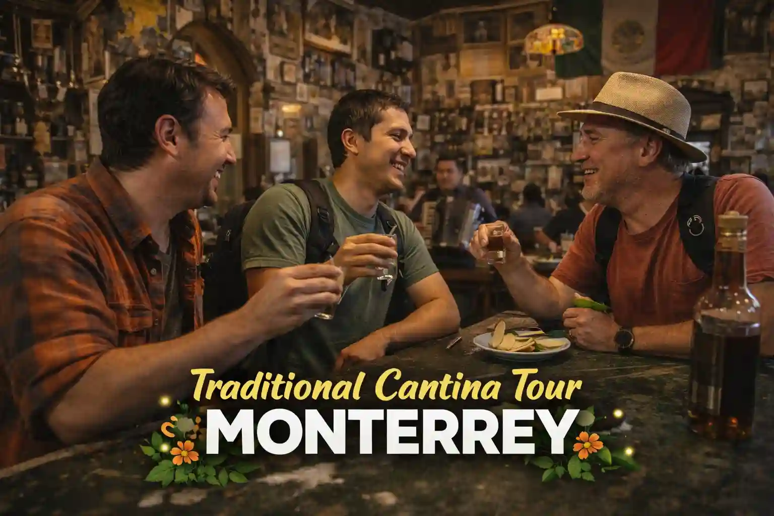 Traditional cantina tour Monterrey: vintage bar interior with bottles, wooden bar, and local atmosphere.