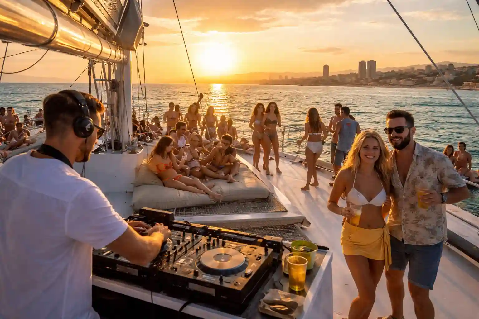 Valencia Catamaran Tour with DJ at sunset on the Mediterranean Sea