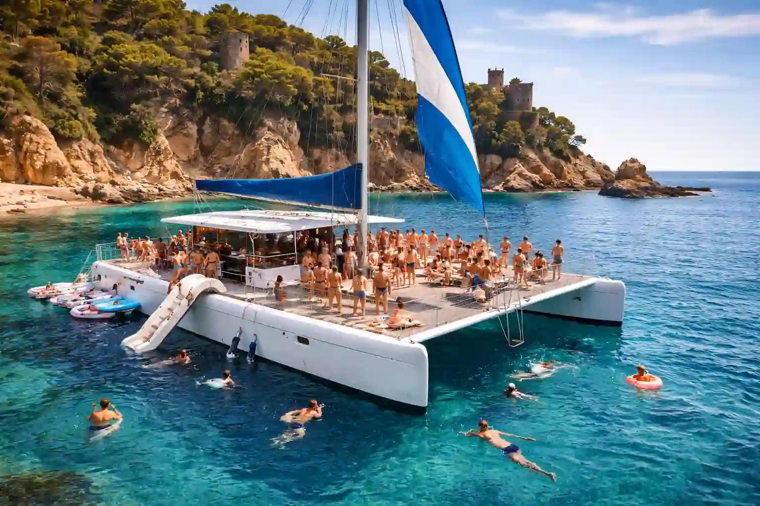 Catamaran cruise along the Costa Brava coast from Lloret de Mar with guests, BBQ and open bar on deck