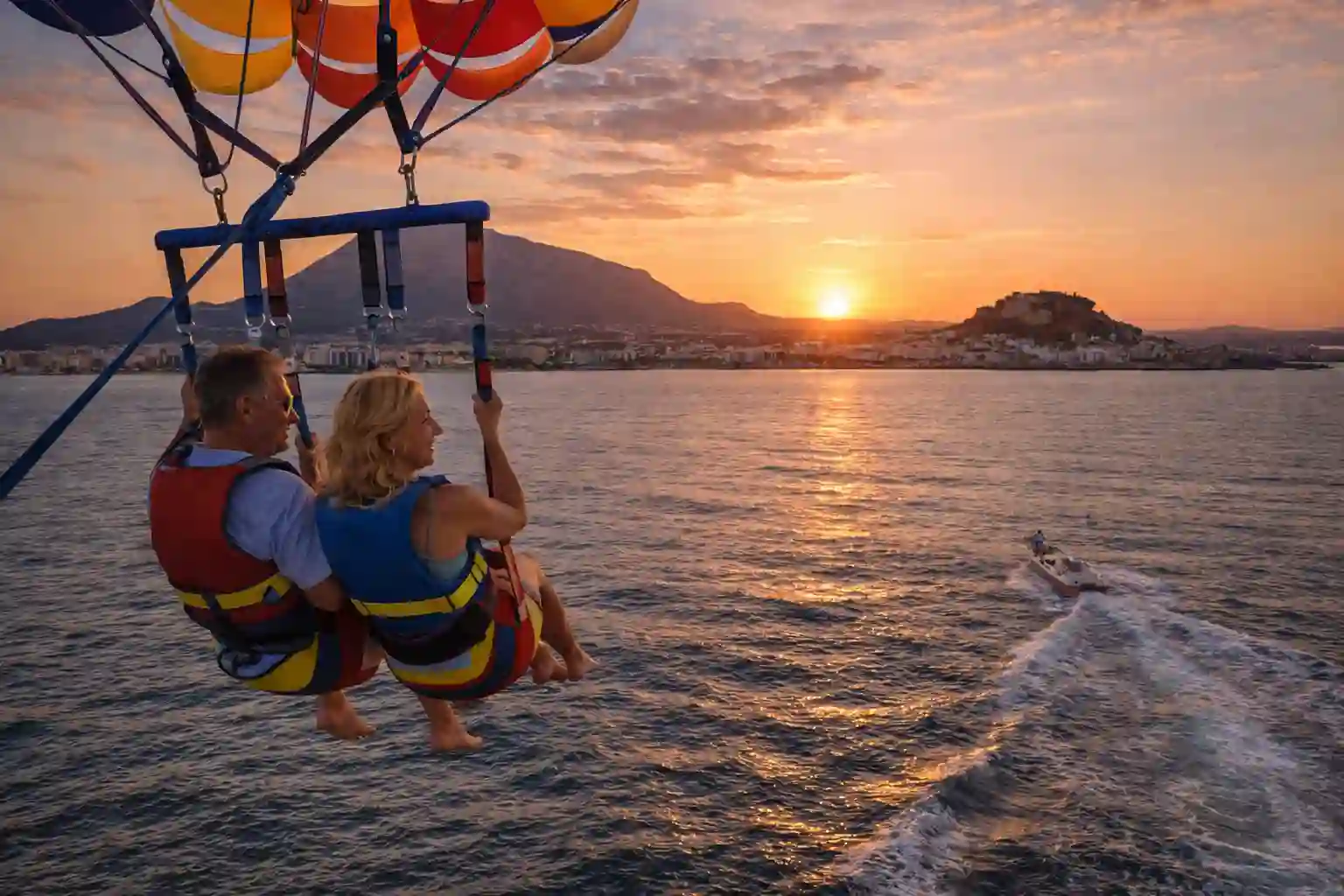 Dénia parasailing experience — flying above the Mediterranean from a boat at Marina el Portet, Costa Blanca
