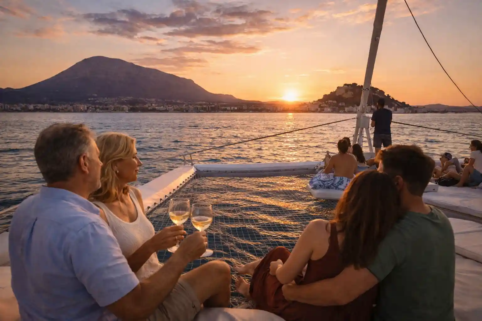 Dénia sunset catamaran cruise — Montgó Natural Park coast, Cape Sant Antoni cliffs, and Mediterranean sunset from the water
