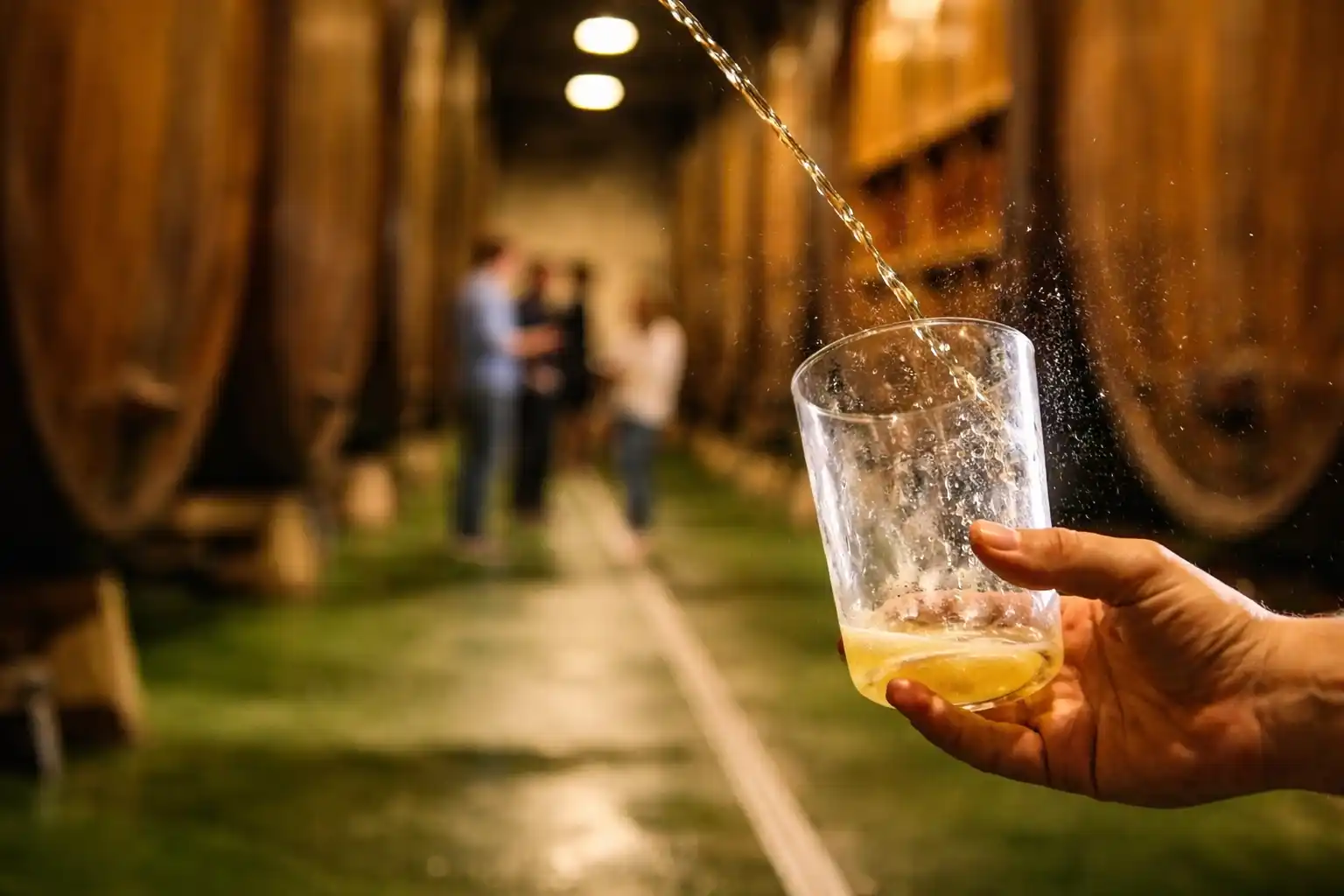 Inside a traditional Basque sagardotegia — cider poured from kupela barrels during the txotx ritual