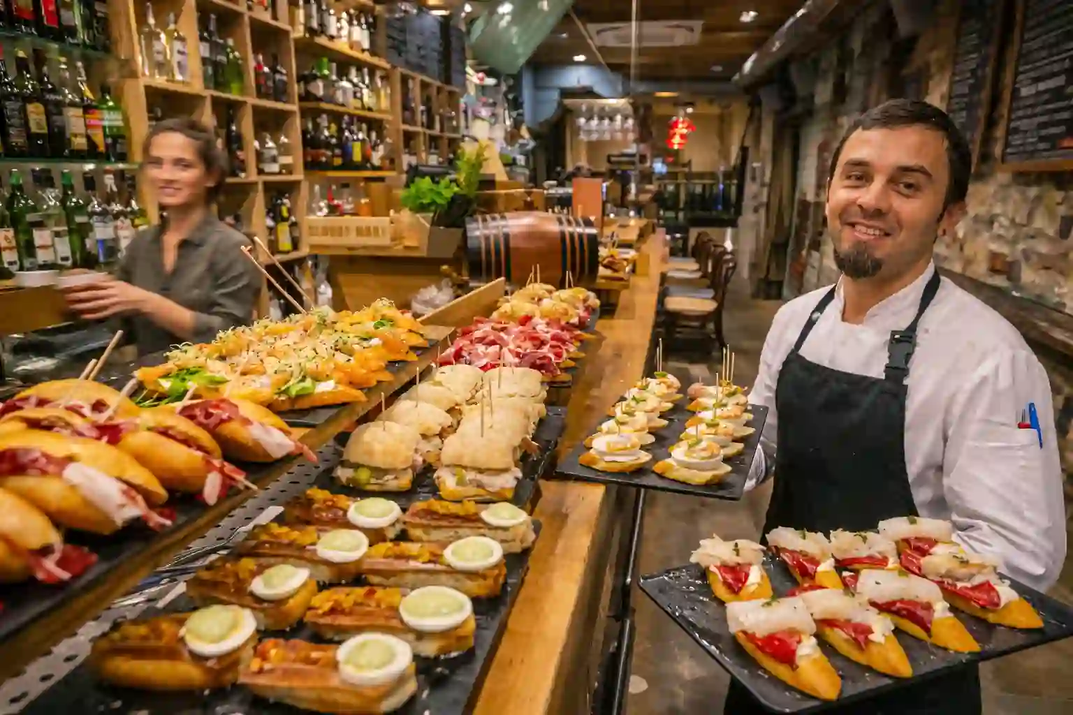 Pintxos spread at a bar in San Sebastián's Old Town