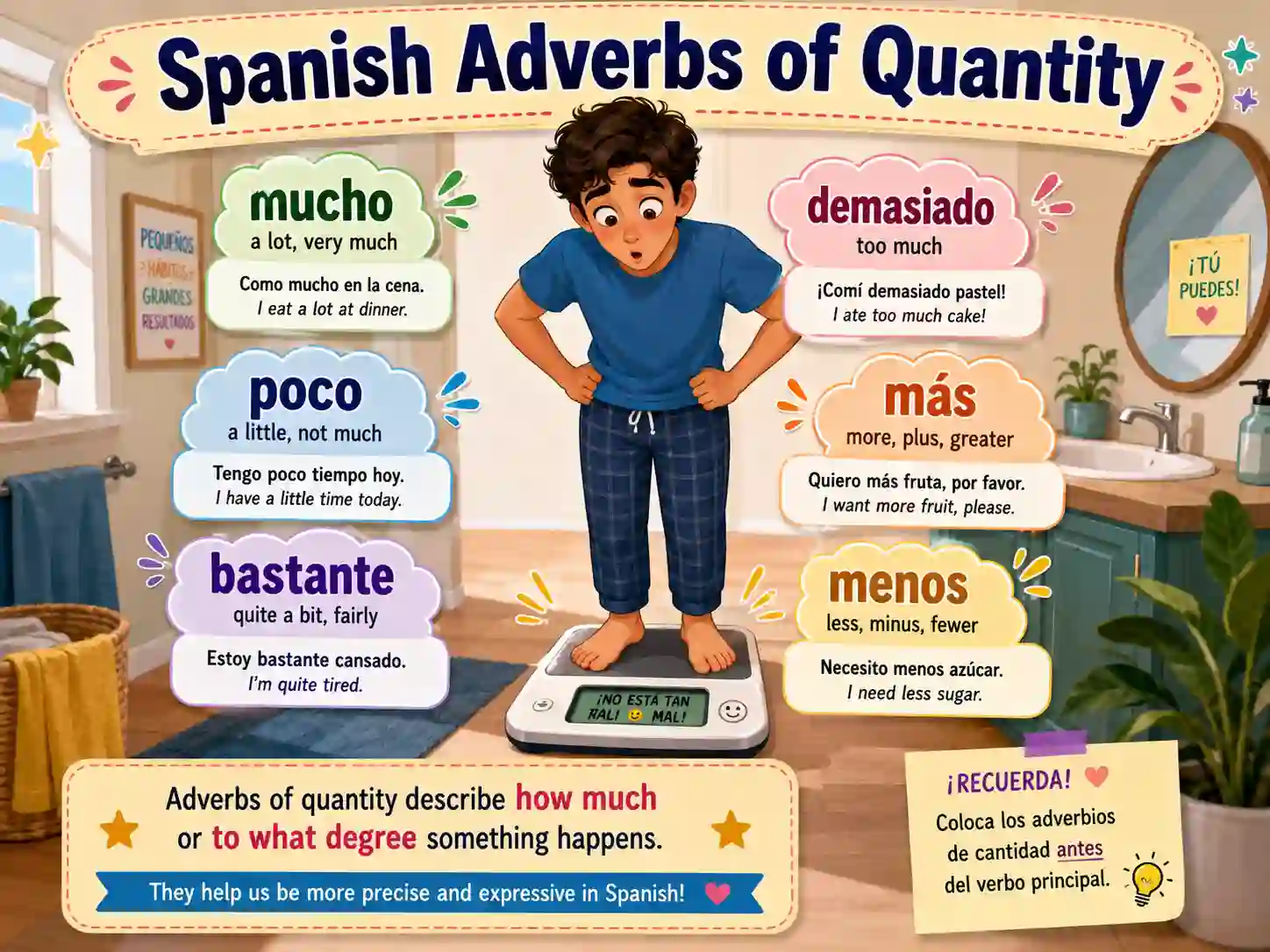 Spanish adverbs of quantity with muy mucho poco bastante demasiado mas menos tanto casi and apenas