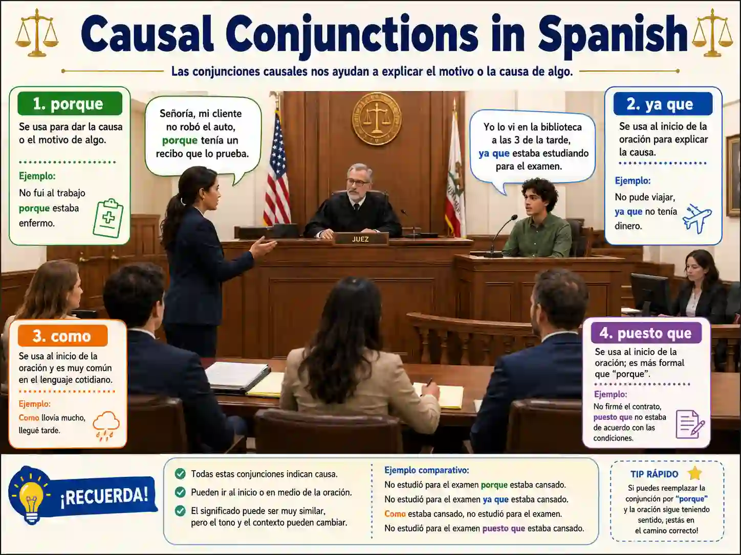 Causal conjunctions in Spanish with porque ya que puesto que dado que como and debido a que