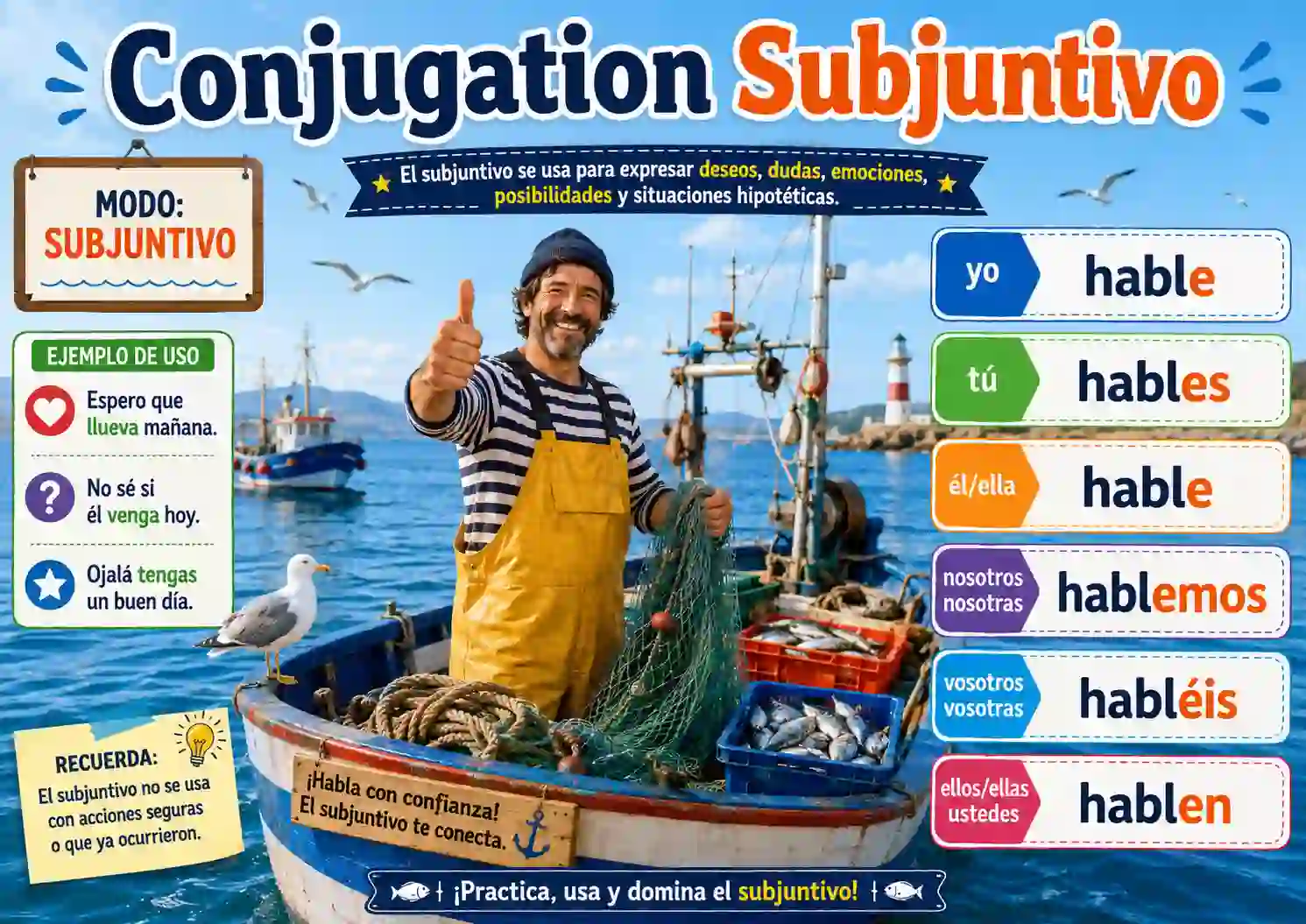 Spanish subjunctive conjugation with hable coma viva sea tenga haya hablado tuviera and hubiera estudiado