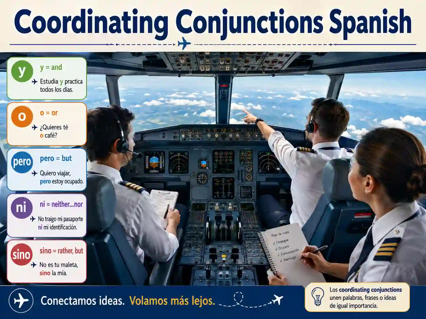 Coordinating conjunctions in Spanish with y e o u ni pero sino and sino que
