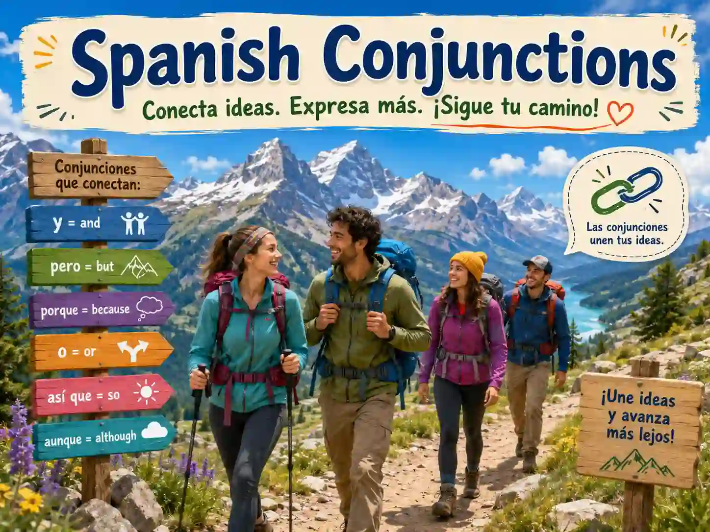 Learn Spanish conjunctions with y o pero porque para que aunque si cuando and antes de que